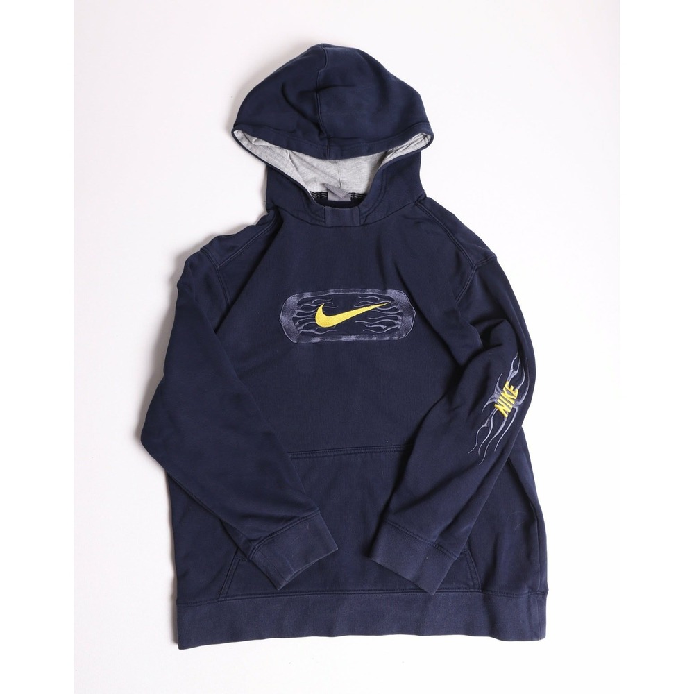 Nike Boys Navy Blue Pullover Hoodie Yellow Swoosh Flame Graphic Size L 14-16